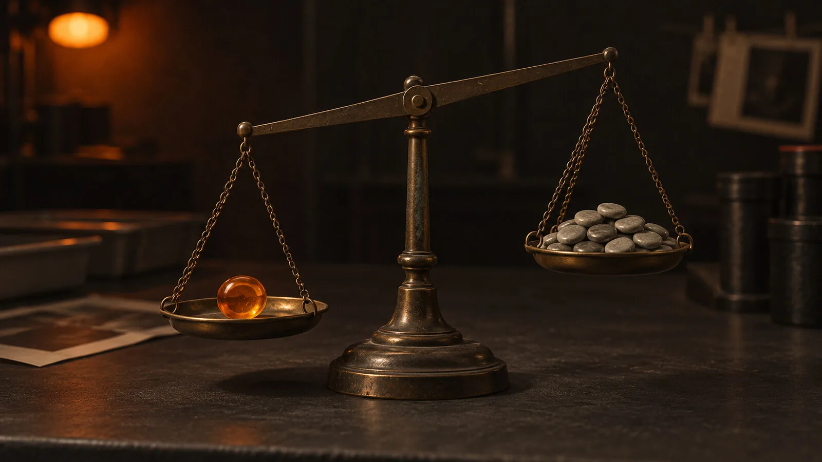 A brass balance scale: one amber token outweighs a heap of sixteen gray tokens — one credit pays for the whole batch