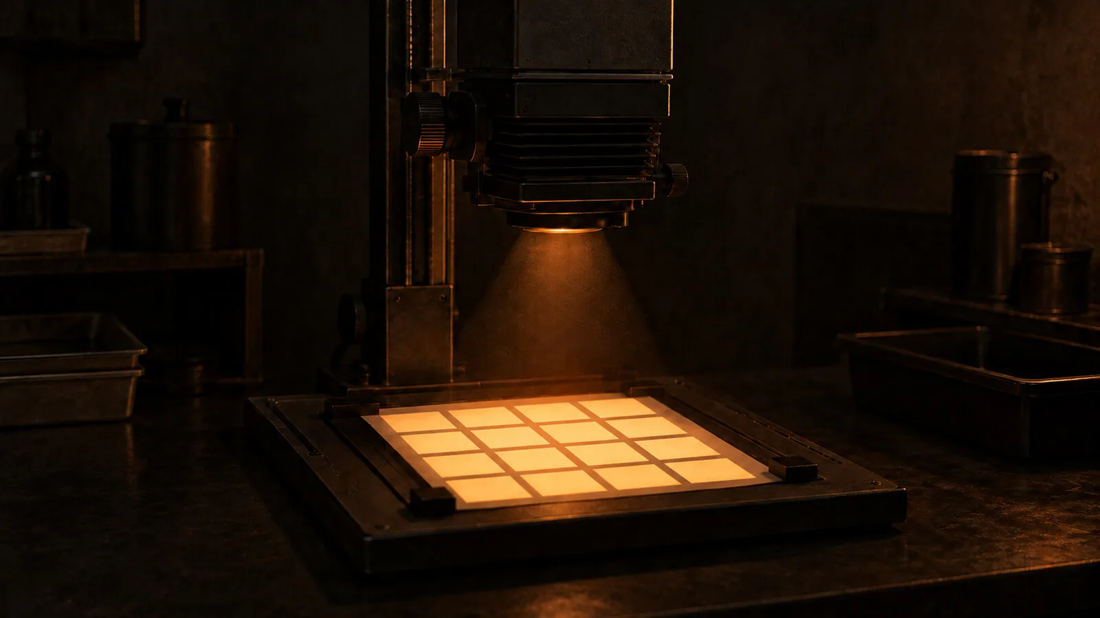 A film enlarger casting one amber exposure onto a sheet of paper, the projected light already divided into a 4×4 grid