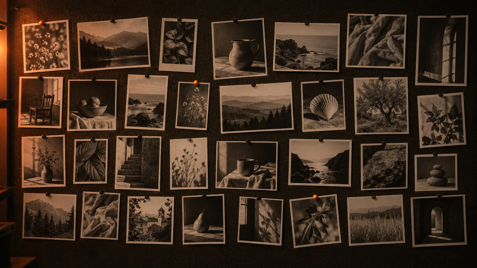 A corkboard pinned with dozens of small varied prints — the breadth of exploring in batches