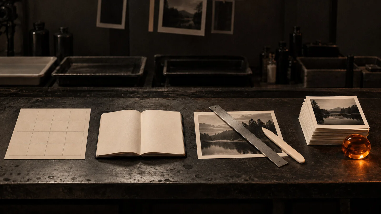 Four stations on a darkroom workbench — layout card, prompt notebook, steel ruler, finished print stack — the four steps of a batch