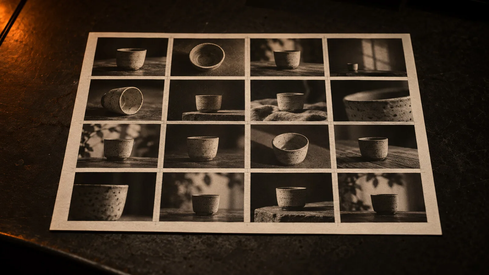 A finished 4×4 contact sheet — one ceramic cup photographed in sixteen compositions on a single print, split boundaries marked in pencil
