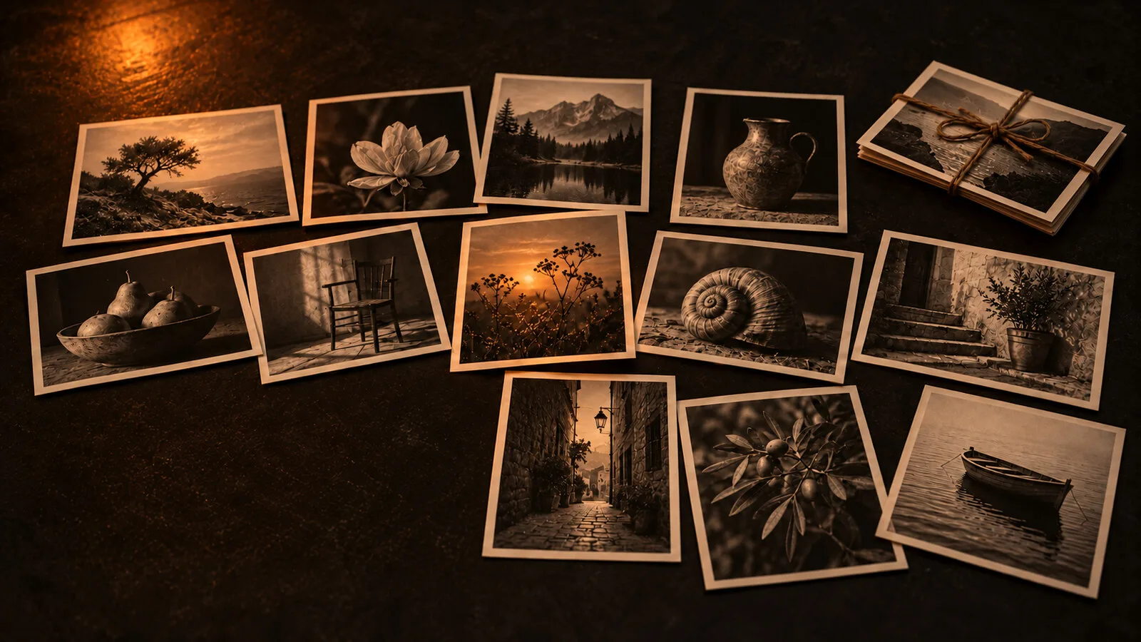 Sixteen split prints of different subjects fanned out on the darkroom table, a small stack tied with twine — the batch after splitting