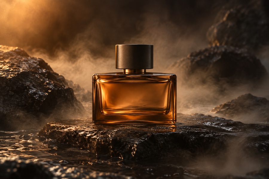 Perfume advertisement on wet dark stone