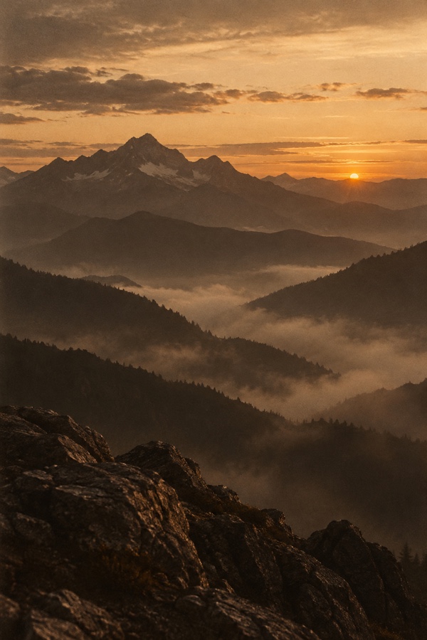 Mountain landscape at dusk on film