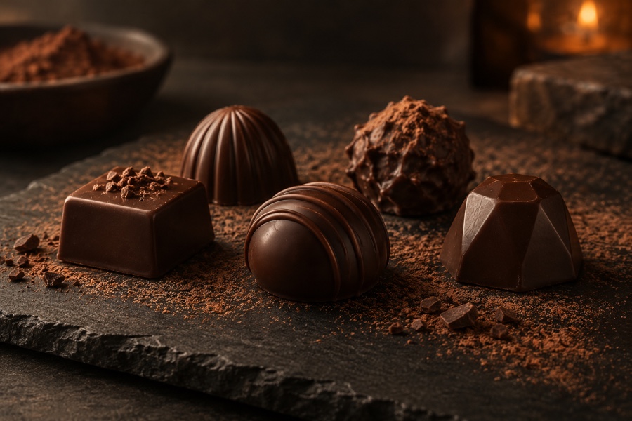 Chocolate pralines on dark slate